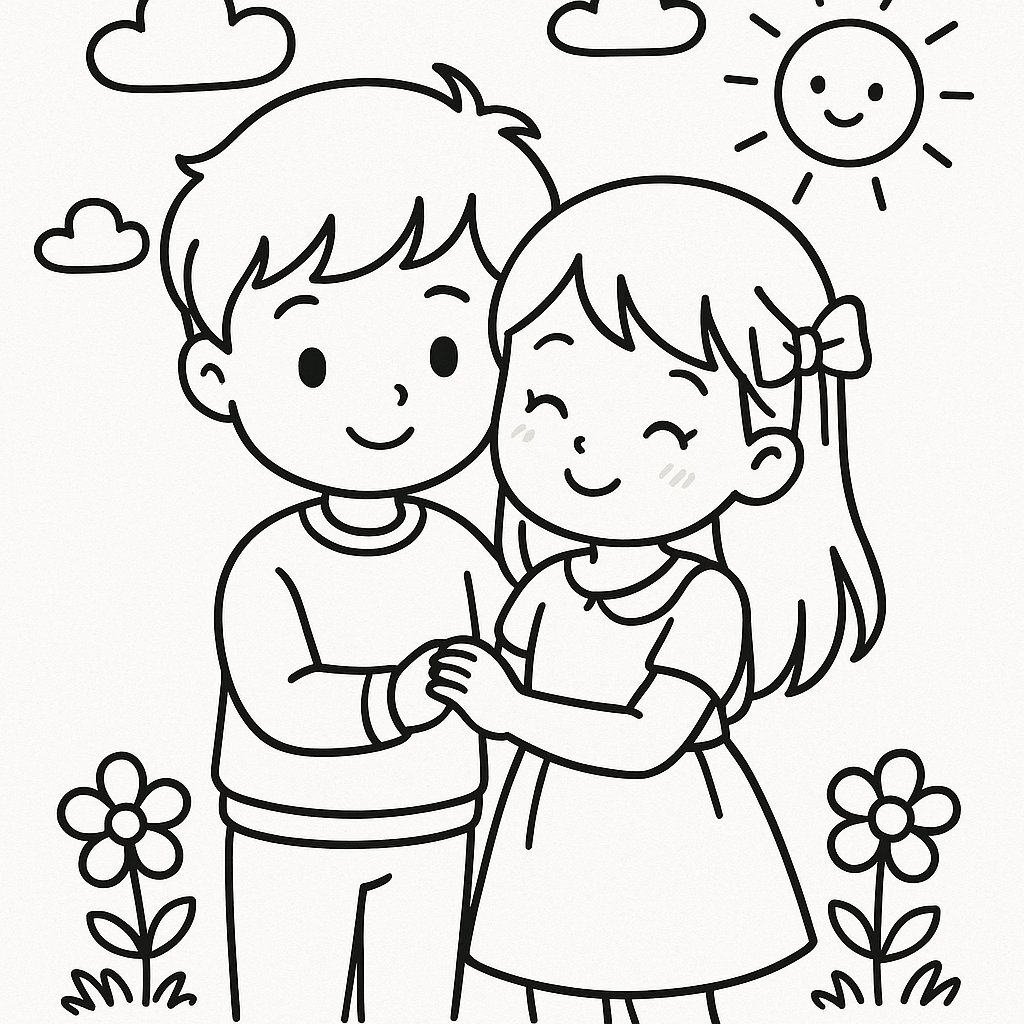 Coloring Page of a Boy and Girl Holding Hands Under the Golden Sun