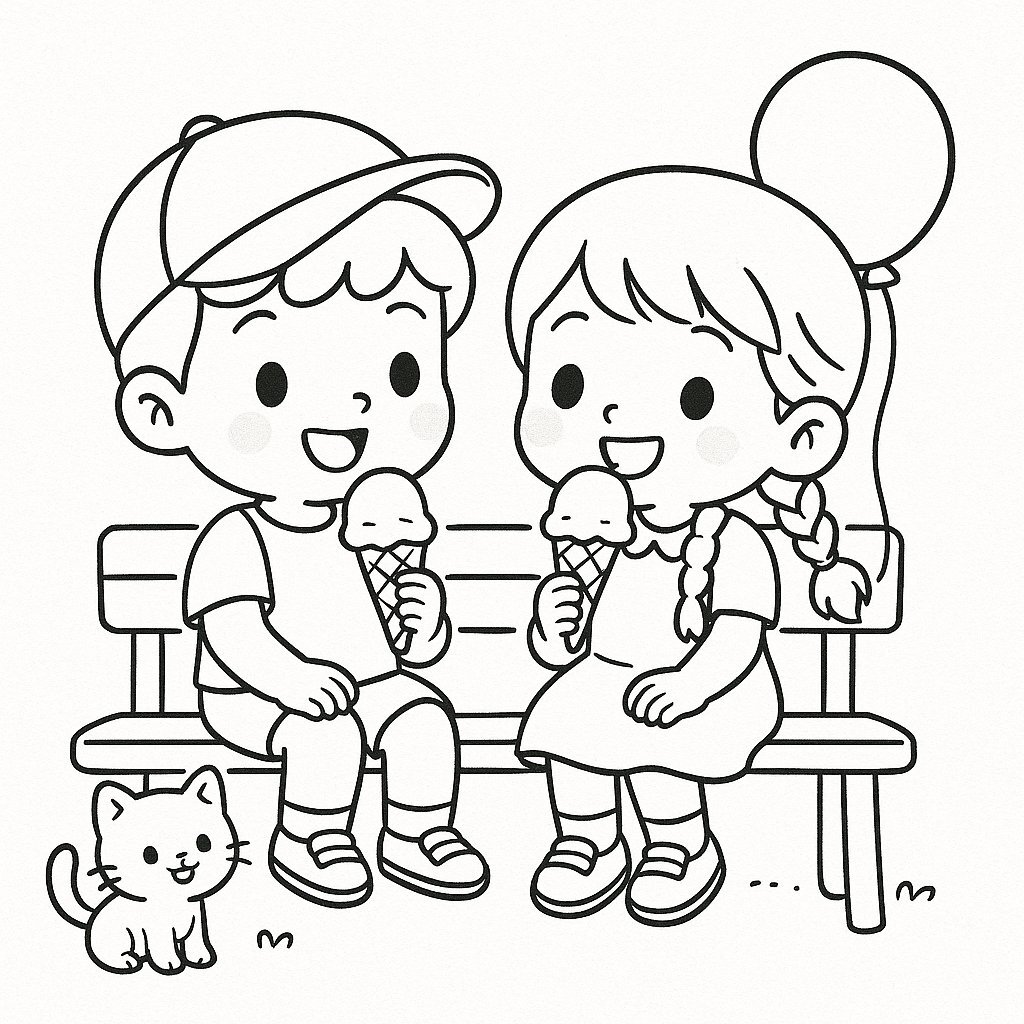 Coloring page of two little friends sitting on a stone bench eating ice cream
