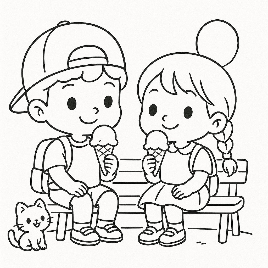Coloring page of two little friends sitting on a swing under a tree