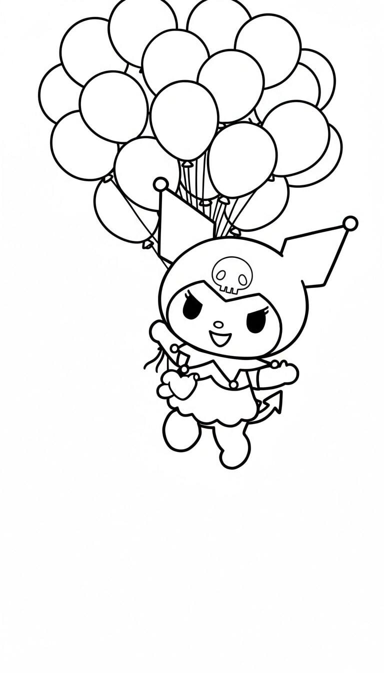 Kuromi flying with a bunch of balloons