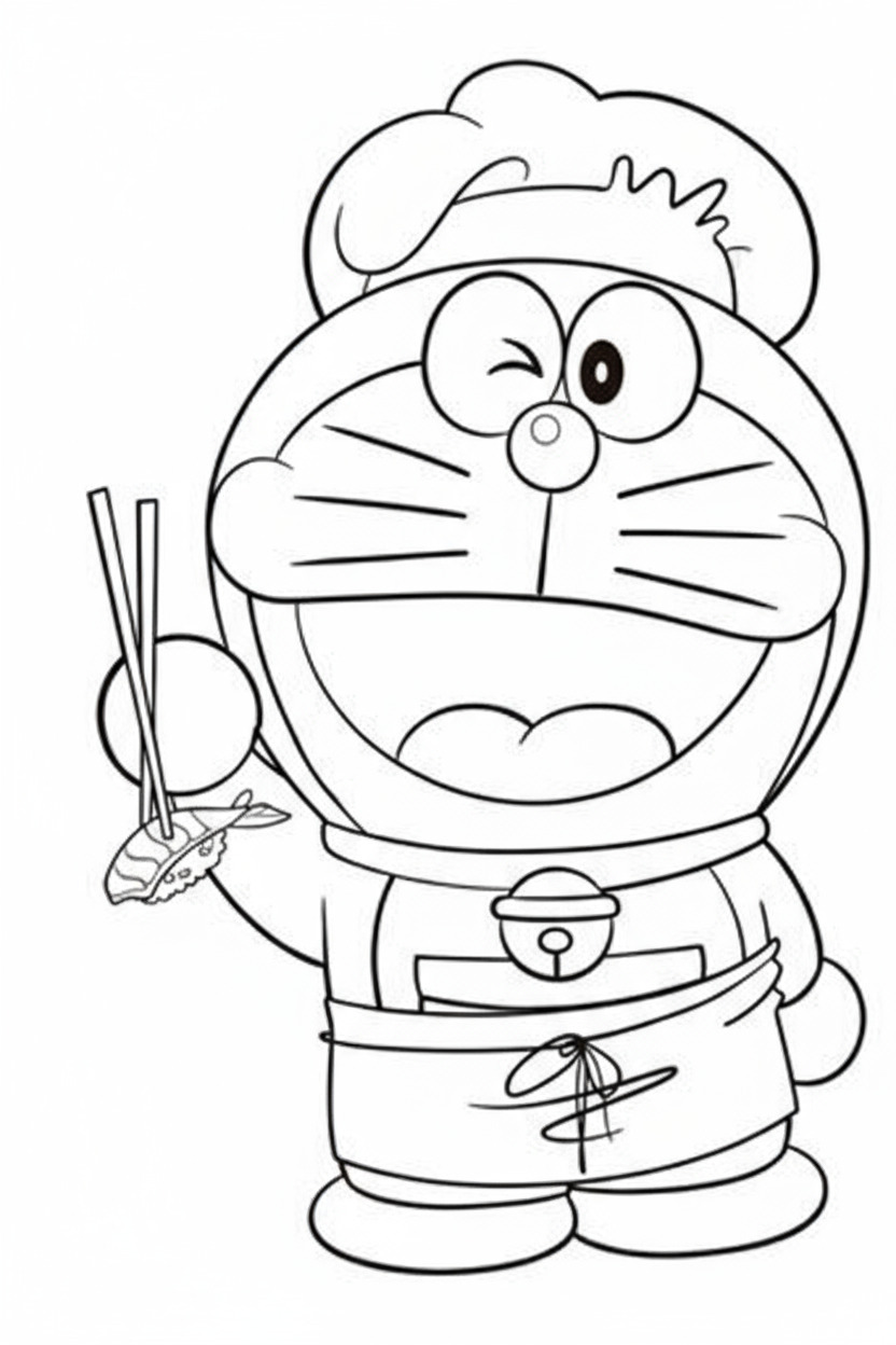 Doraemon holding chopsticks, ready to eat