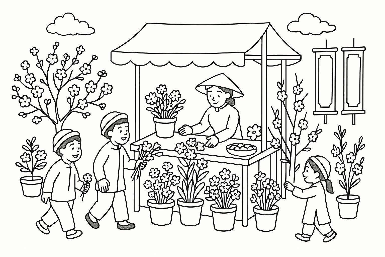 Lunar New Year Market Coloring Page