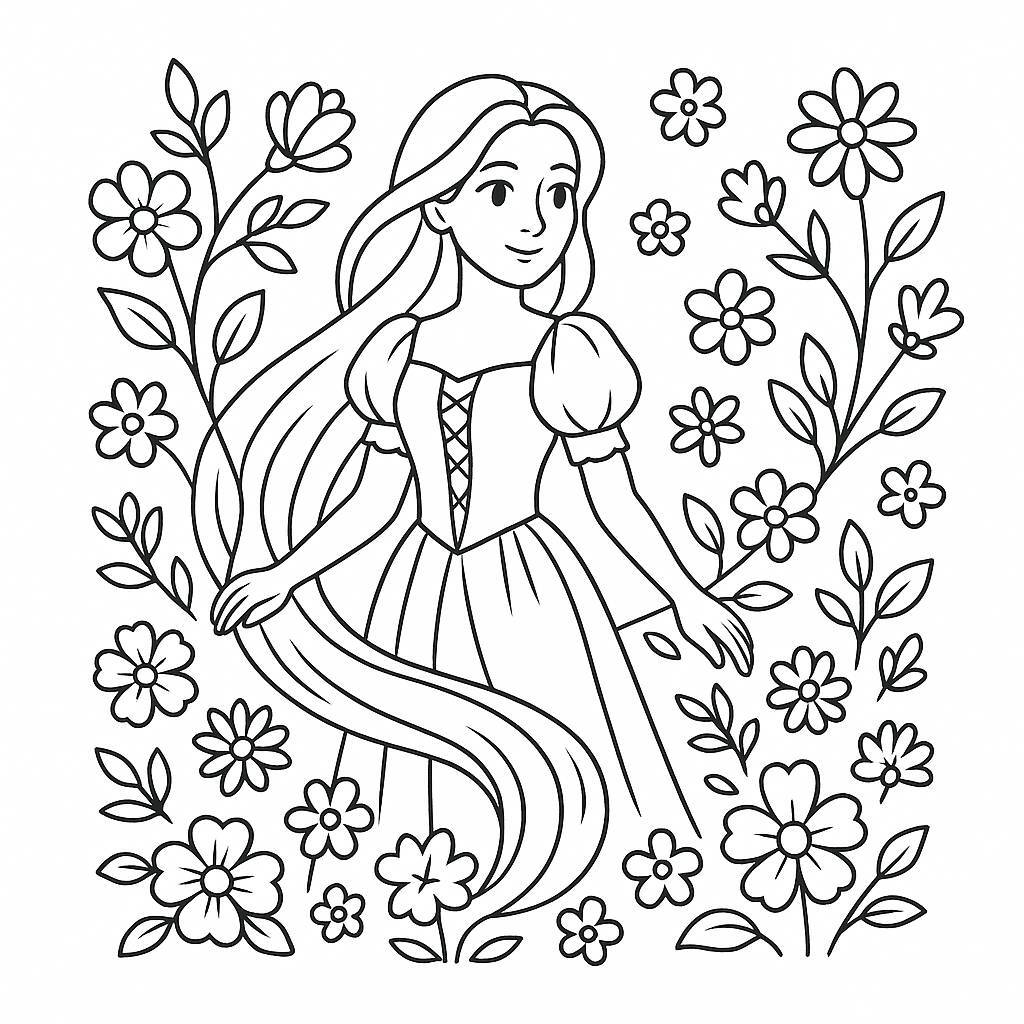 Princess with Cloud-Like Hair in the Flower Garden