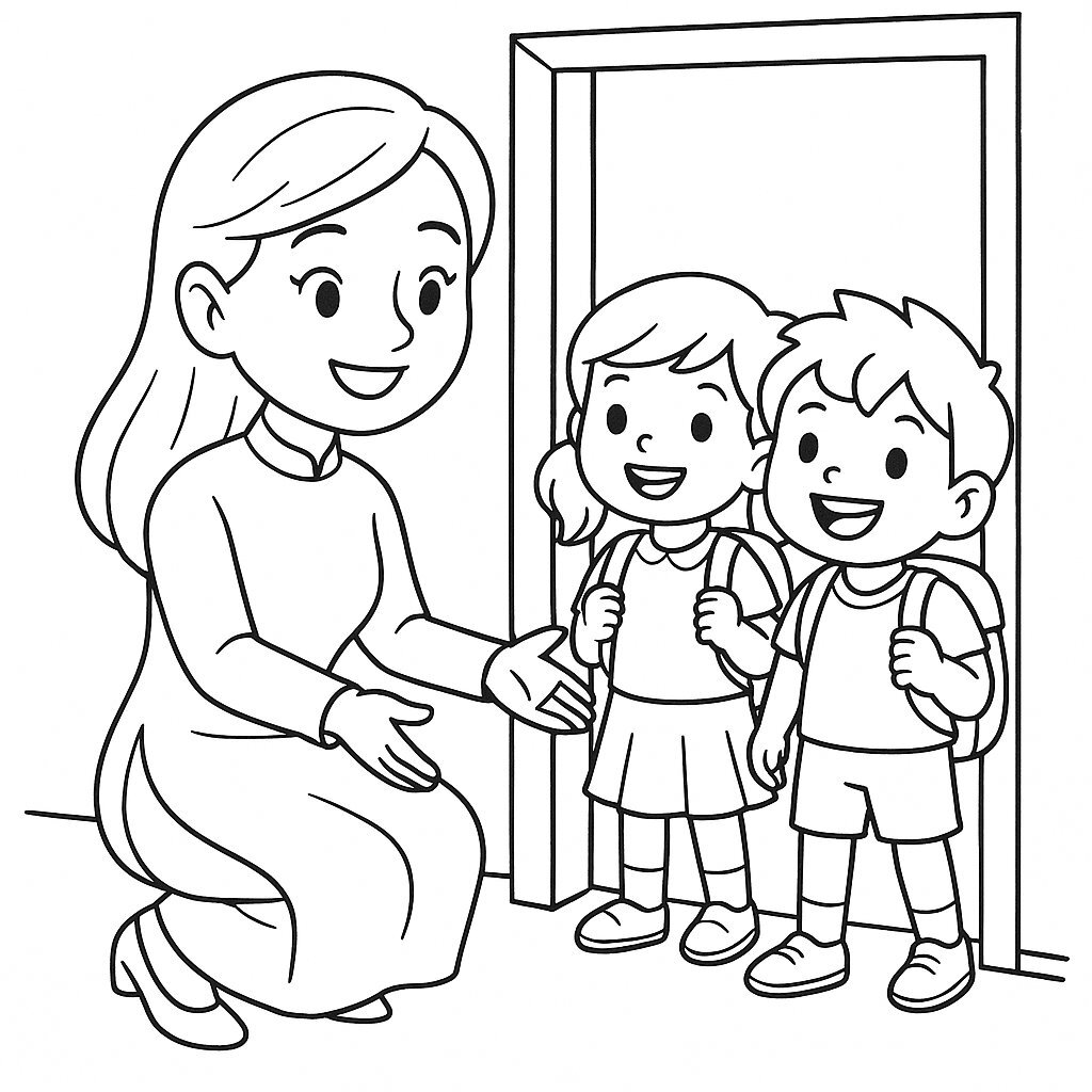 Smiling Teacher Greeting Children