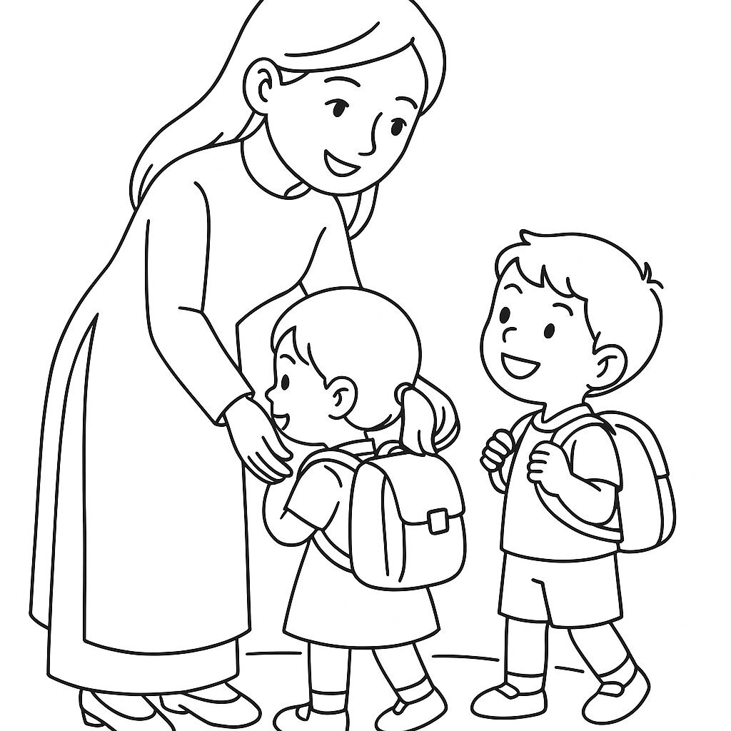 Teacher Helping Children with Their Bags
