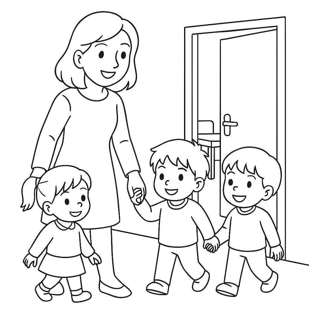 Teacher Holding a Child's Hand into the Classroom