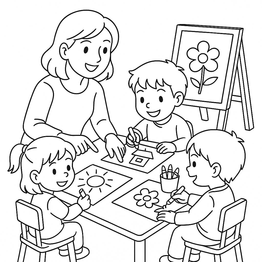 Teacher and Children Learning to Draw
