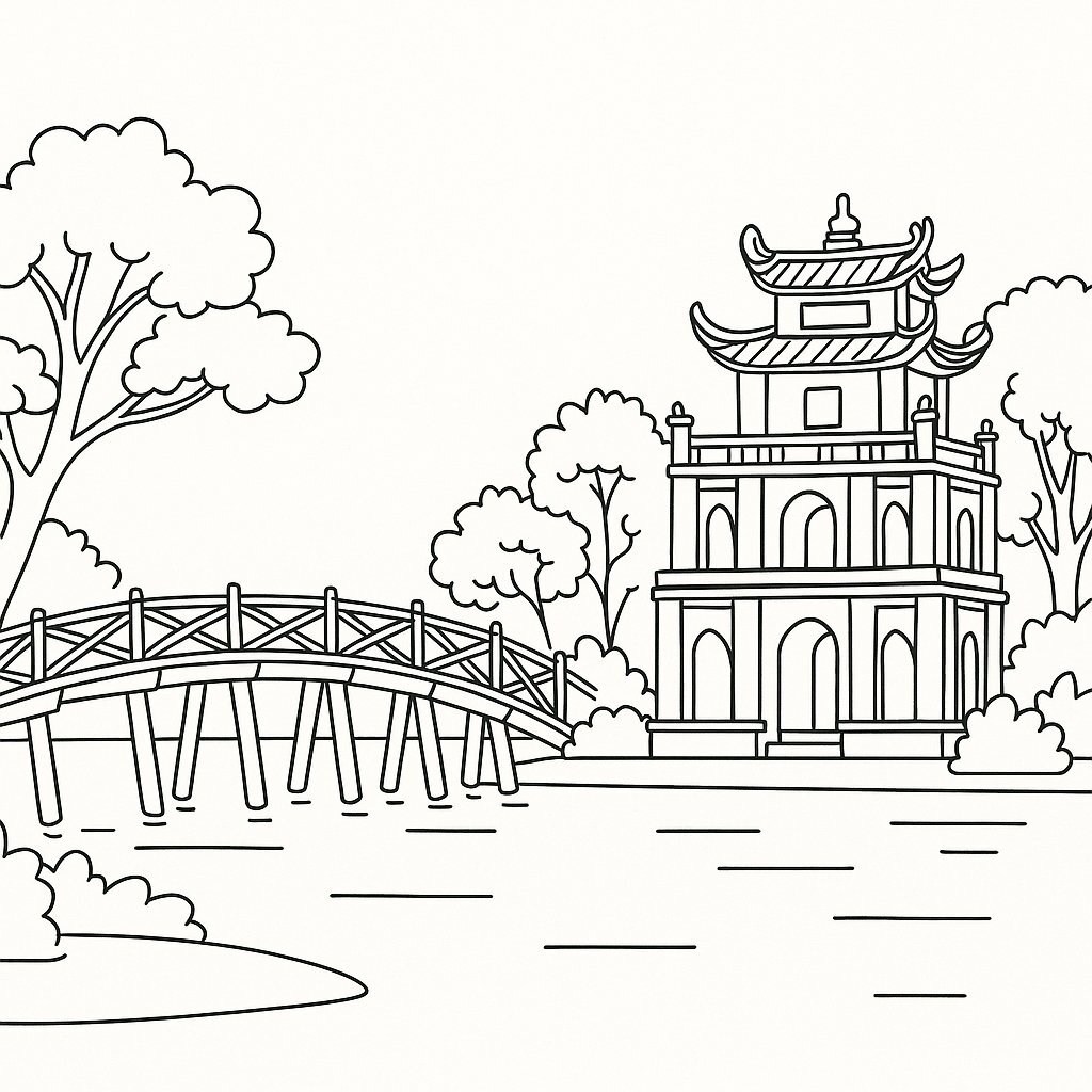Uncolored Hoan Kiem Lake Drawing for Kids – Download PDF 2026