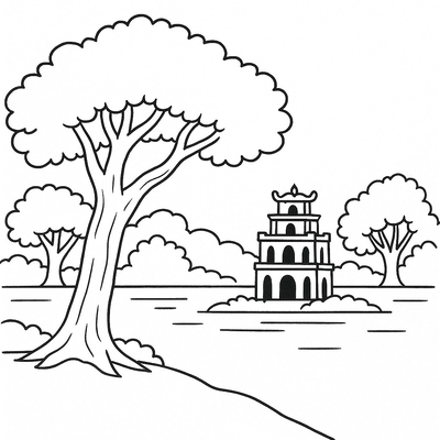 Uncolored Hoan Kiem Lake Drawing for Kids – Download PDF 2026