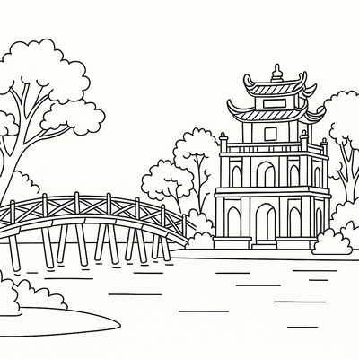 Uncolored Hoan Kiem Lake Drawing for Kids – Download PDF 2026