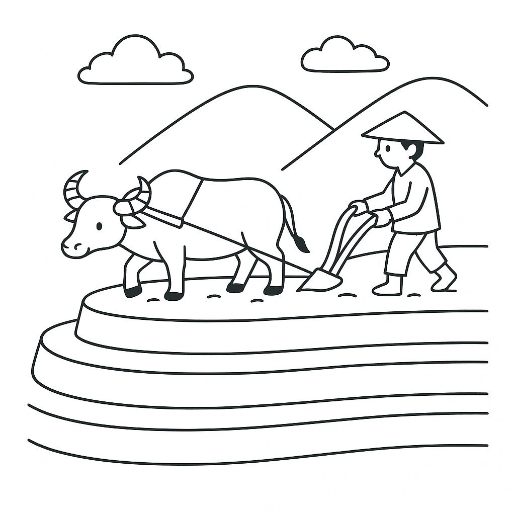 Terraced Fields with a Plowing Buffalo