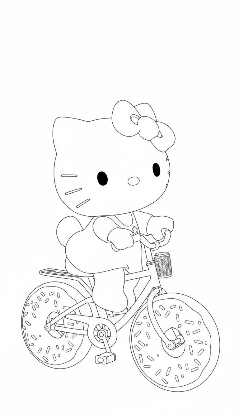 Hello Kitty riding a bicycle around town