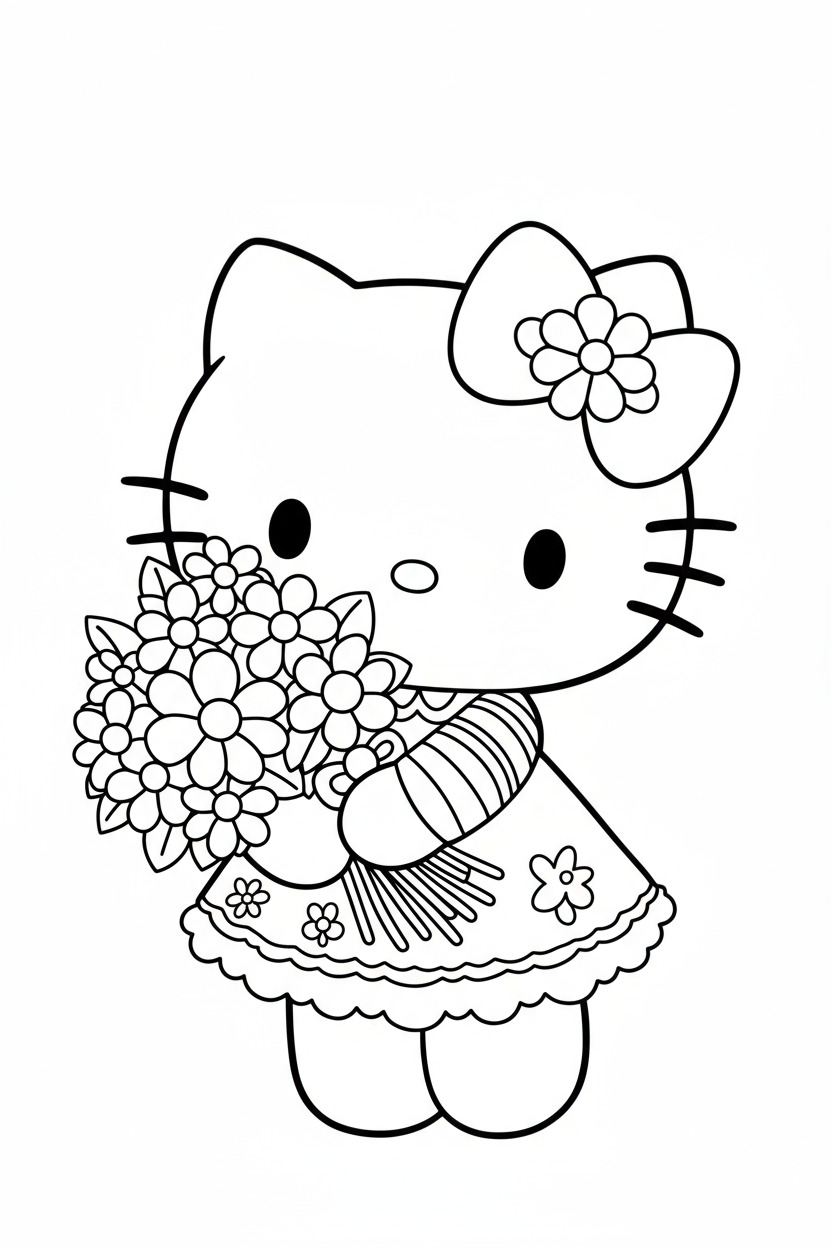 Hello Kitty holding a bouquet of fresh flowers