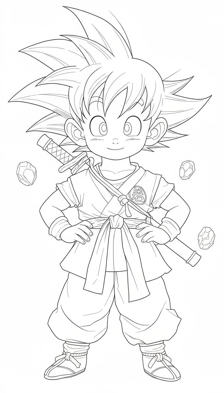 Little Songoku in his martial arts uniform, smiling brightly