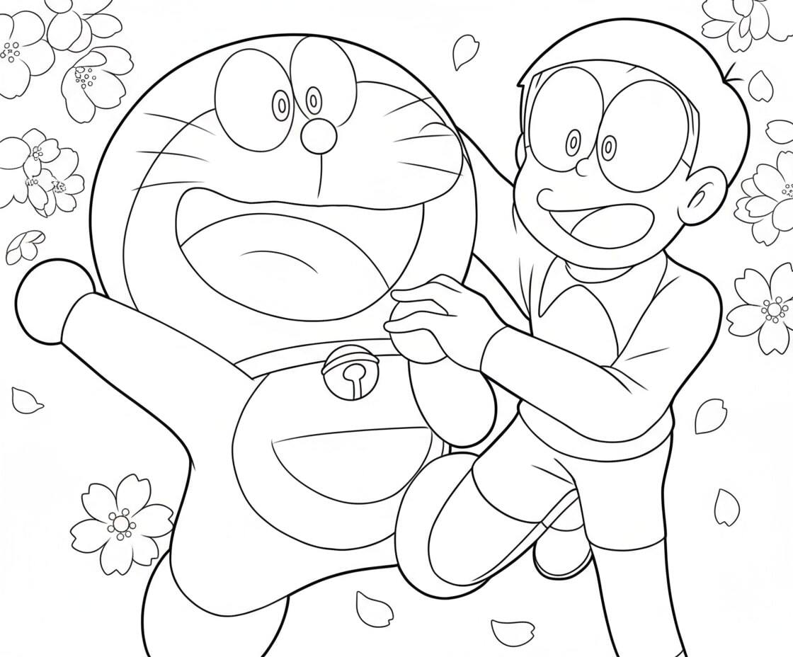 Doraemon and Nobita Hug Each Other in Fear