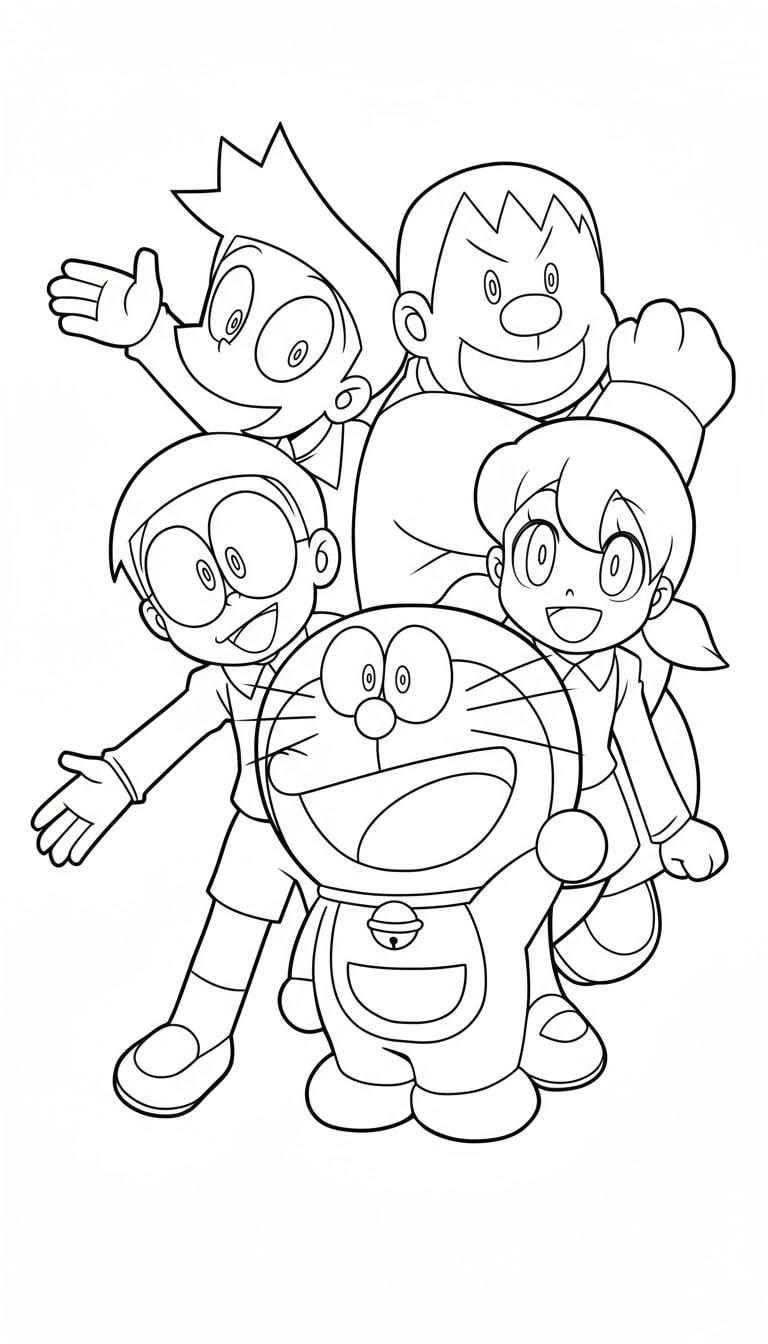 The whole Doraemon group striking a playful pose