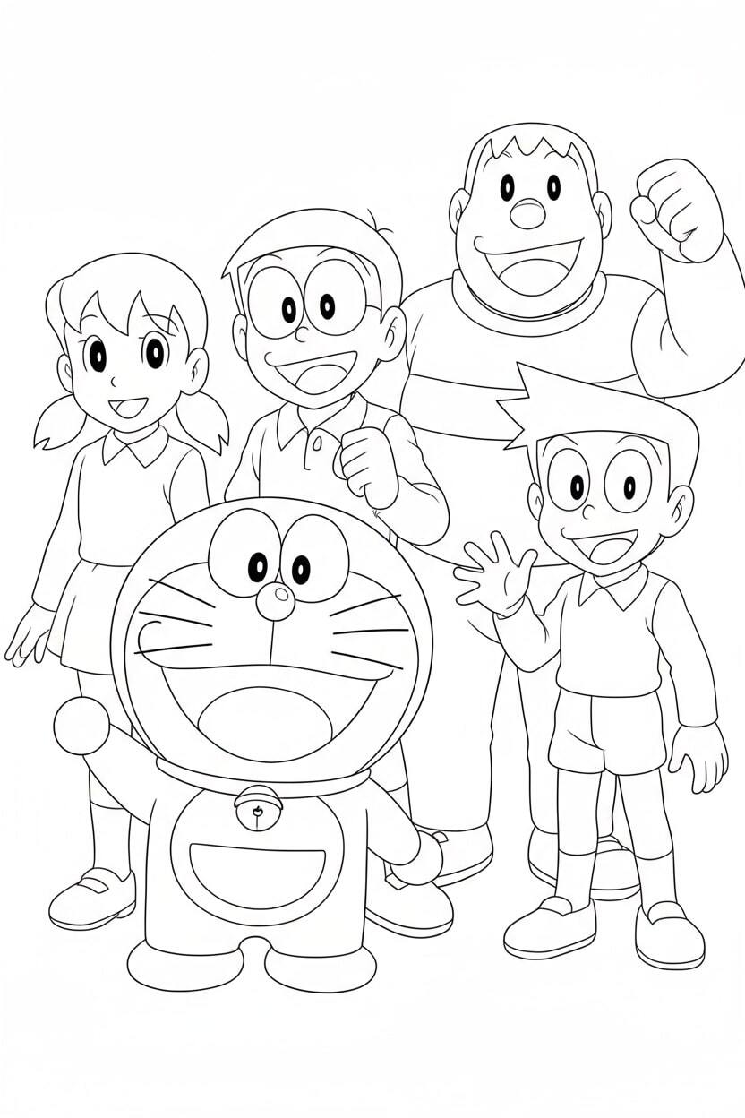 Doraemon and Friends Stand Together, Smiling Brightly