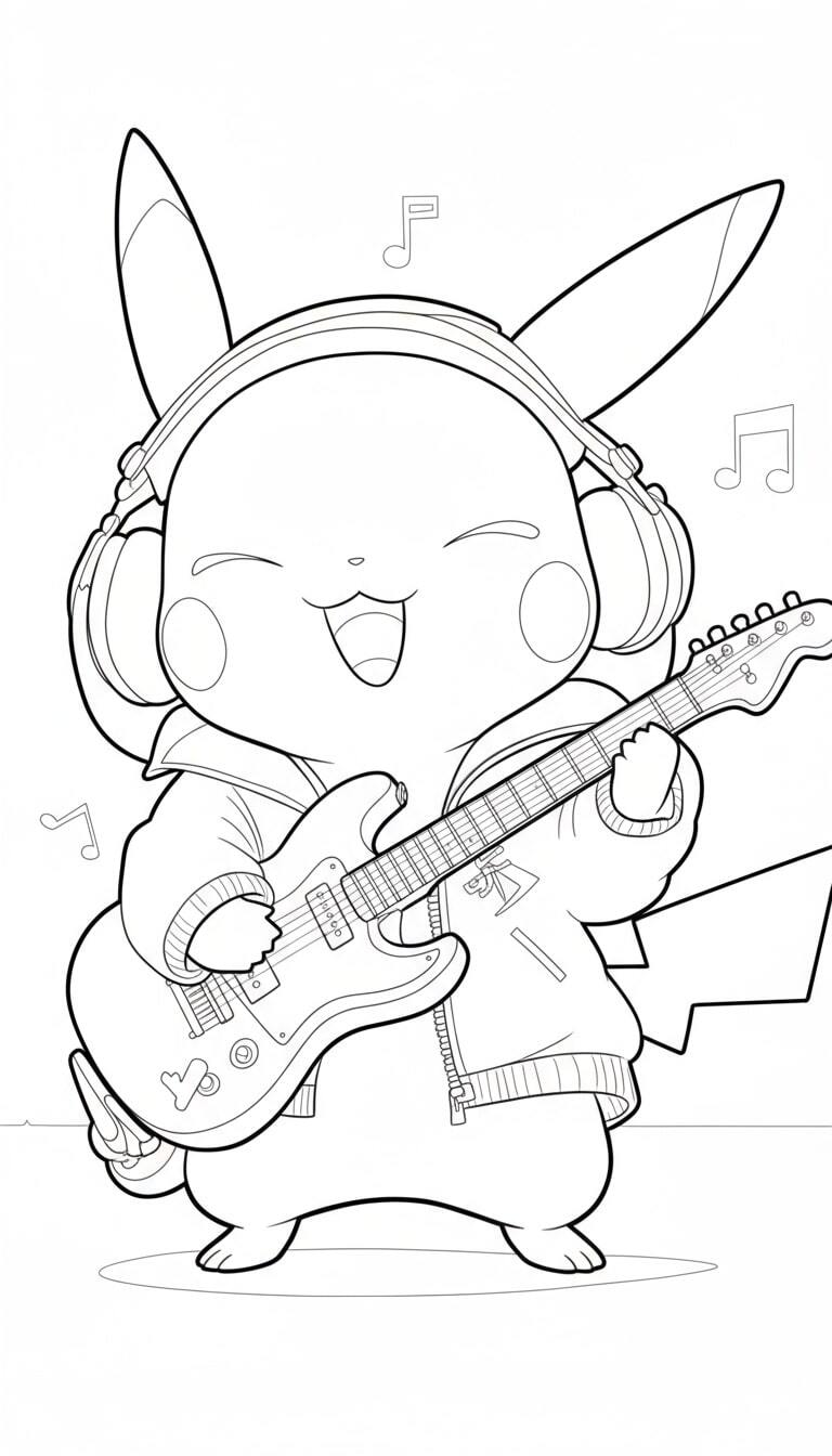 Pikachu Playing an Electric Guitar with a Pokémon Band
