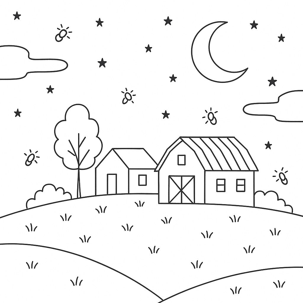 Nighttime Farm Coloring Page
